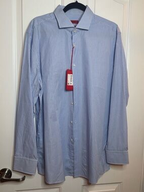 NWT HUGO Hugo Boss Light Blue and White Pinstripe Dress Shirt size 17.5 34/35